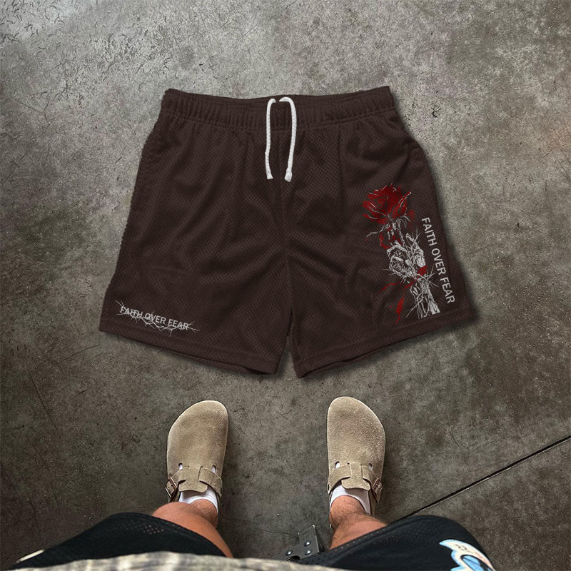 Faith Over Fear Print Mesh Shorts - Brown - 5XL - image 3