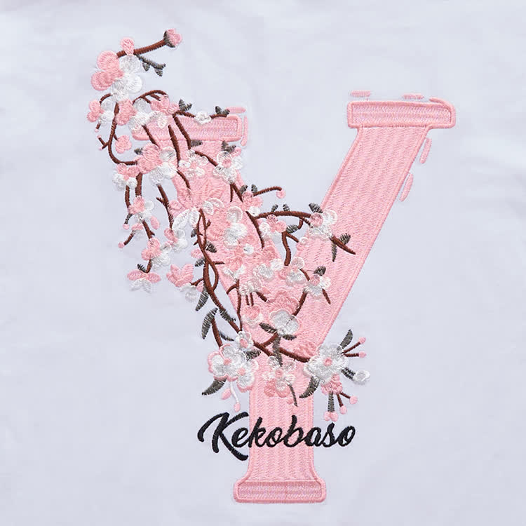 Casual Embroidered Letters Sakura Graphic Round Neck T-Shirt - image 8