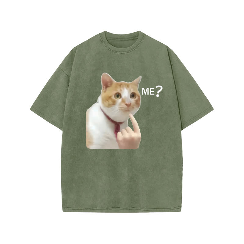 Unisex 100% Cotton Puzzled Cat Print Acid Washed T-shirt - Army Green - US20-22(3XL) - image 5