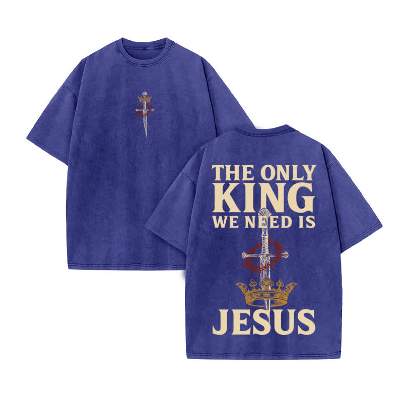 Unisex 100% Cotton JESUS IS THE ONLY KING Print Acid Washed T-shirt - Blue - US20-22(3XL) - image 9