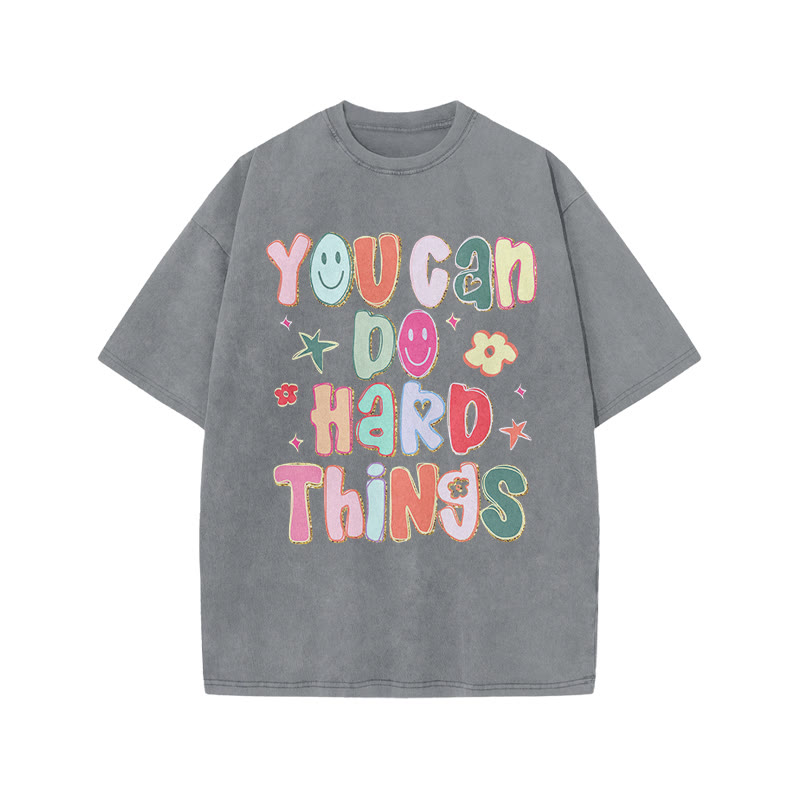 You Can Do Hard Things Print Acid Washed T-shirt - Grey - US20-22(3XL) - image 3