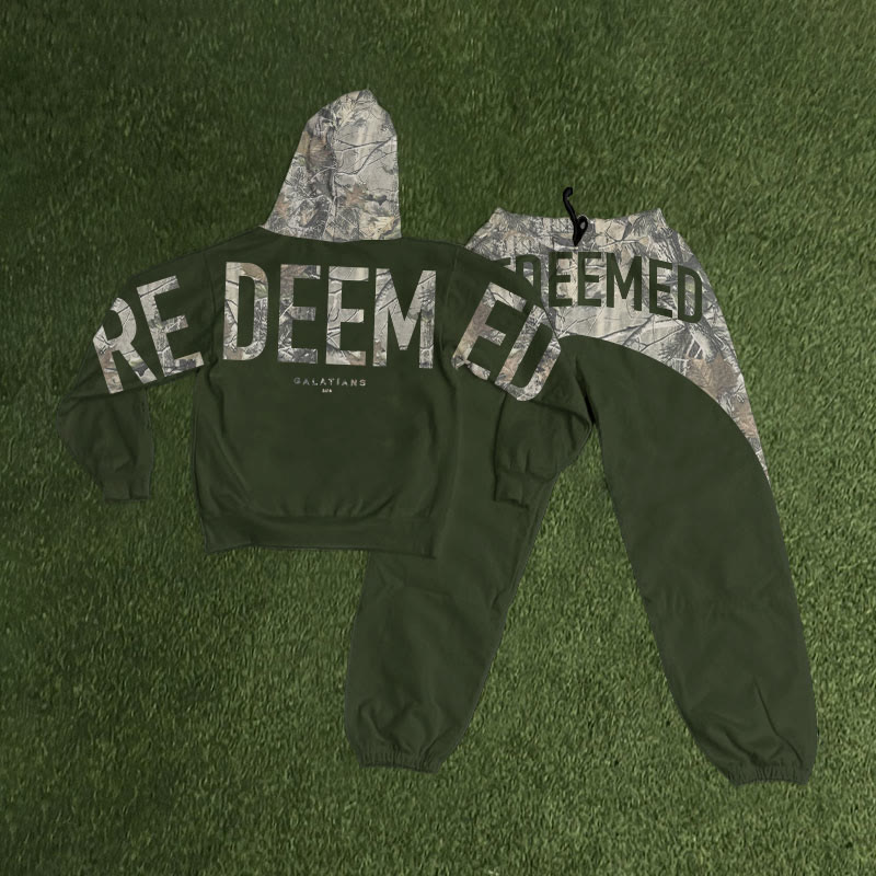 Redeemed Dead Leaves Camouflage Print Hoodie Set - Army Green - 8XL - image 3
