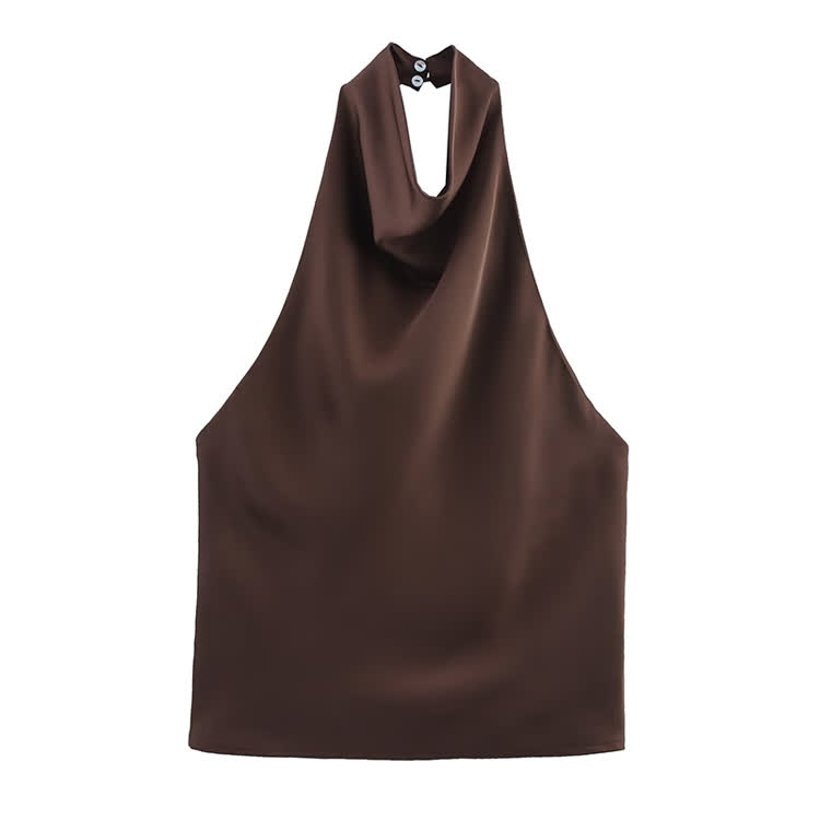 Solid Color Shiny Halter Off-shoulder Vest - Coffee - US12(L) - image 7