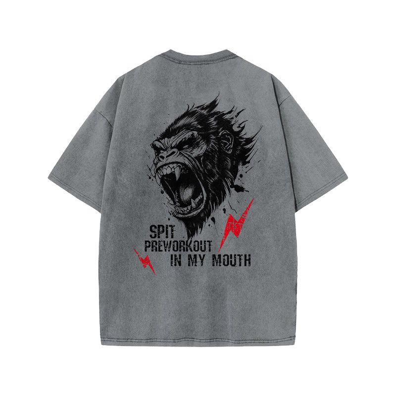 100% Cotton SPIT PREWORKOUT IN MY MOUTH Gym Print Acid Washed T-shirt - Grey - US20-22(3XL) - image 5