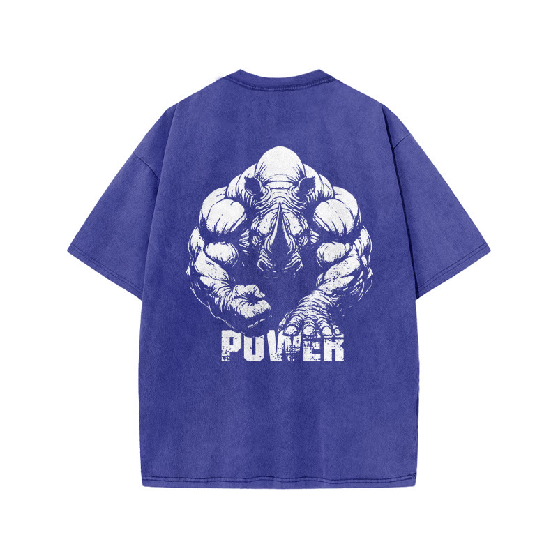 100% Cotton POWER Rhinoceros Gym Print Acid Washed T-shirt - Blue - US20-22(3XL) - image 7
