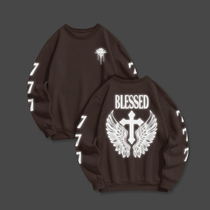 Unisex Blessed Cross Reflective Print Sweatshirt - Coffee - US16-18(2XL) - image 6