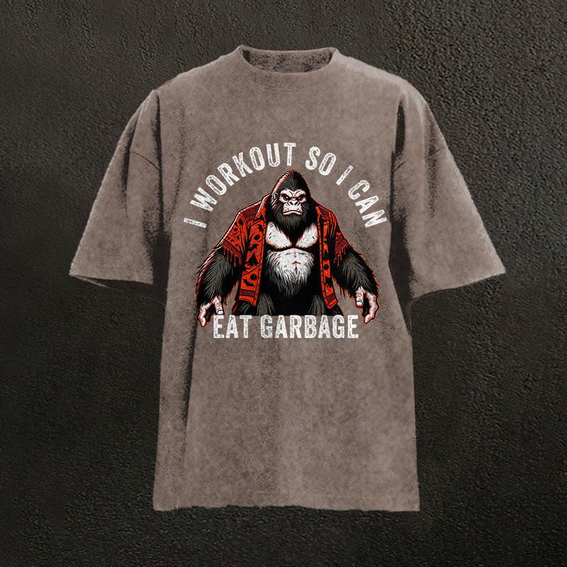 100% Cotton I Workout So I Can Eat Garbage Gym Print Acid Washed T-shirt - Coffee - US20-22(3XL) - image 3