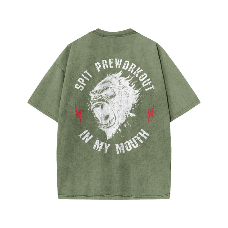 100% Cotton Spit Preworkout In My Mouth Gym Print Acid Washed T-shirt - Army Green - US20-22(3XL) - image 8