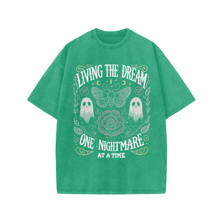 Living The Dream Gothic Ghost Print Acid Washed T-Shirt - Green - US20-22(3XL) - image 7