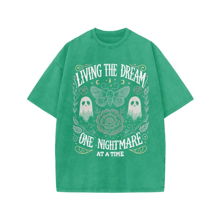 Living The Dream Gothic Ghost Print Acid Washed T-Shirt - Green - US20-22(3XL) - image 7