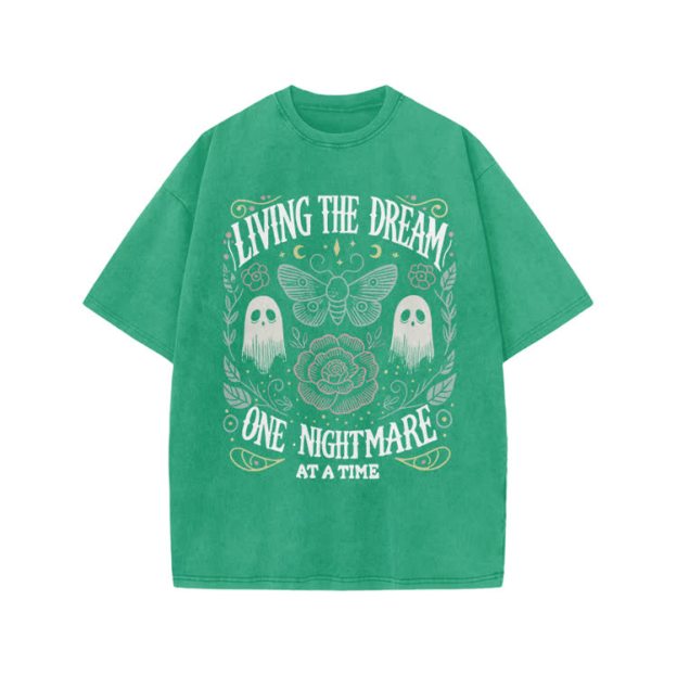 Living The Dream Gothic Ghost Print Acid Washed T-Shirt - Green - US20-22(3XL) - image 7