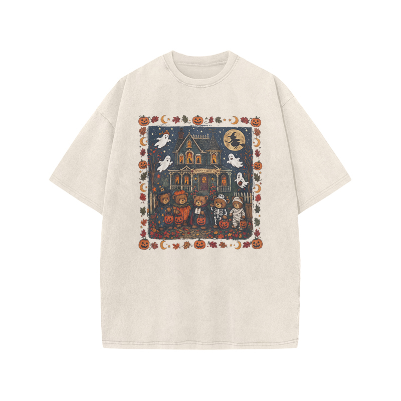  Halloween Haunted House Print Acid Washed T-Shirt - Beige - US20-22(3XL) - image 8