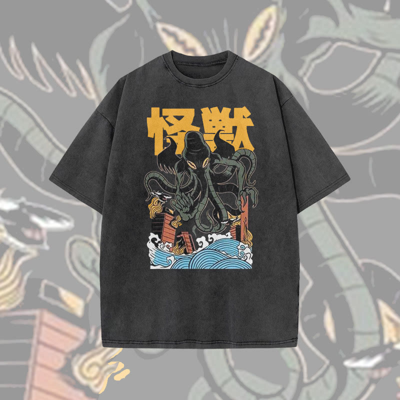 Unisex 100% Cotton Japanese Octopus Monster Print Acid Washed T-shirt