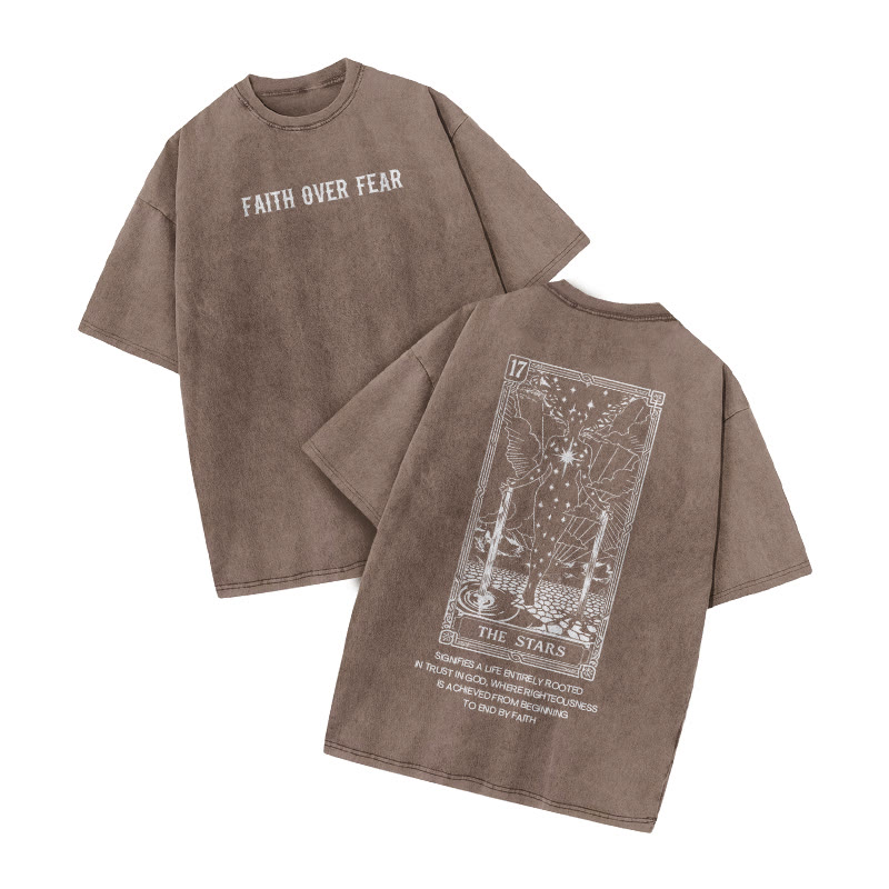 Faith Over Fear Tarot 17 The Star Print Acid Washed T-shirt - Coffee - US20-22(3XL) - image 3