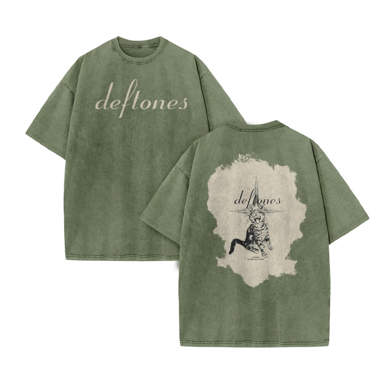 Unisex Deftones Meme Cat Print Acid Washed T-shirt - Army Green - US20-22(3XL) - image 5
