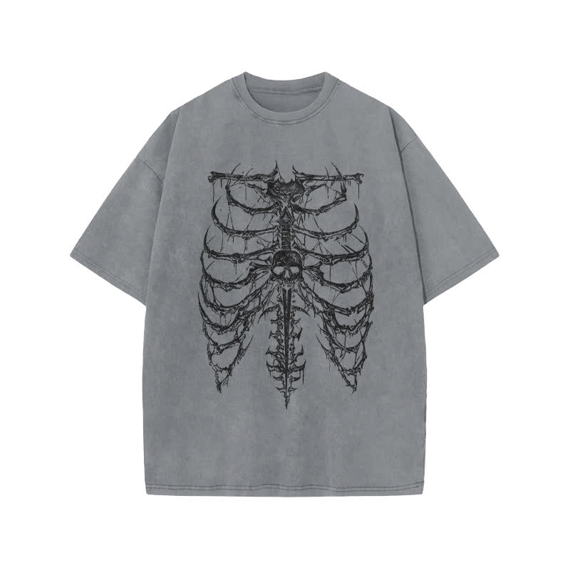 Unisex Exoskeleton Illustration Design Print Acid Washed T-shirt - Grey - US20-22(3XL) - image 4