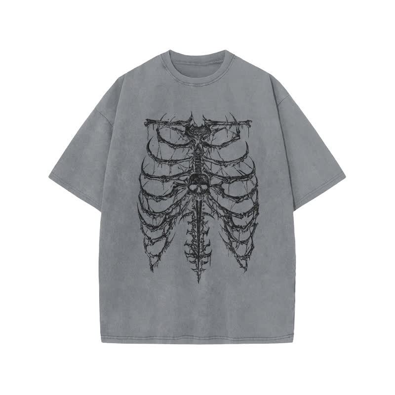 Unisex Exoskeleton Illustration Design Print Acid Washed T-shirt - Grey - US20-22(3XL) - image 4