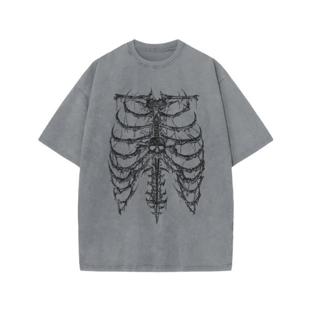 Unisex Exoskeleton Illustration Design Print Acid Washed T-shirt - Grey - US20-22(3XL) - image 4