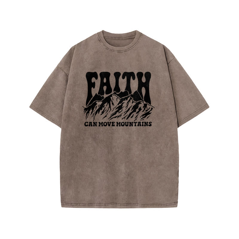Unisex Faith Can Move Mountains Print Acid Washed T-shirt - Coffee - US20-22(3XL) - image 3