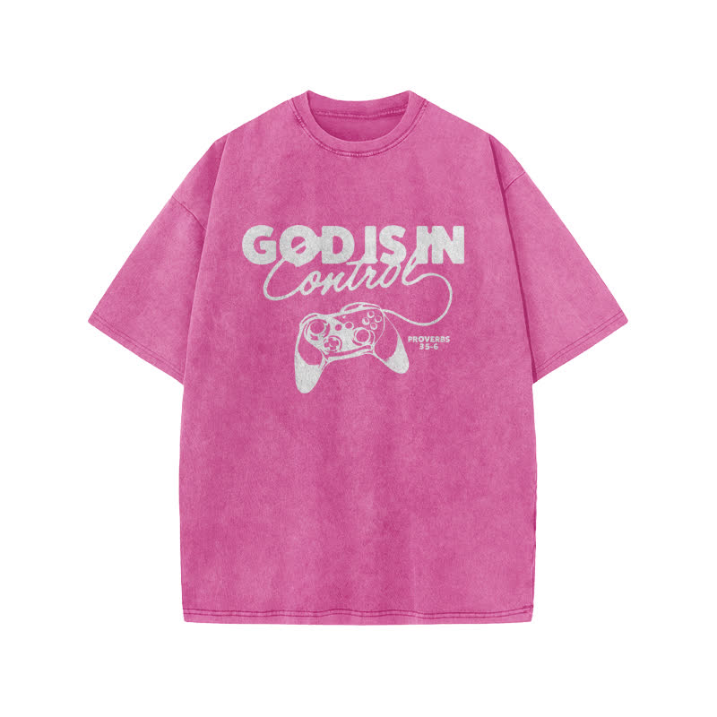 Unisex Cute God Is In Control Print Acid Washed T-shirt - Pink - US20-22(3XL) - image 7