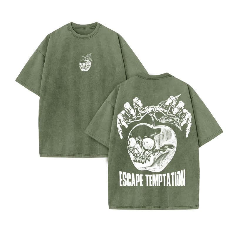 Unisex 100% Cotton Escape Temptation Print Acid Washed T-shirt - Army Green - US20-22(3XL) - image 6