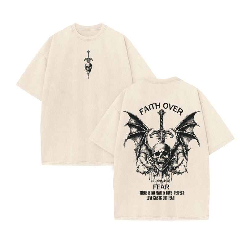 Unisex 100% Cotton FAITH OVER FEAR print Acid Washed T-shirt - Beige - US20-22(3XL) - image 9