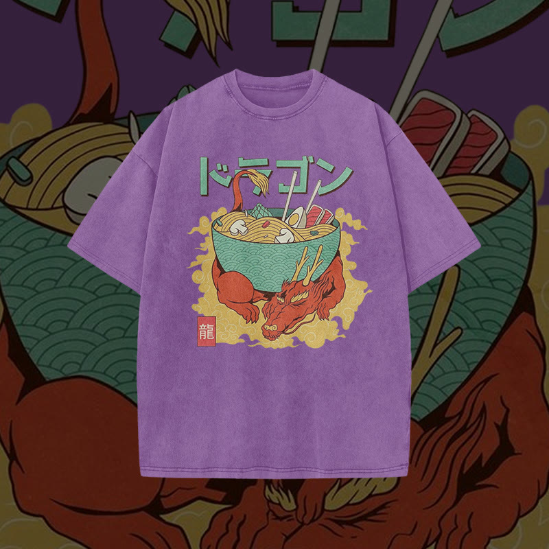 Unisex 100% Cotton Ramen On The Dragon Print Acid Washed T-shirt