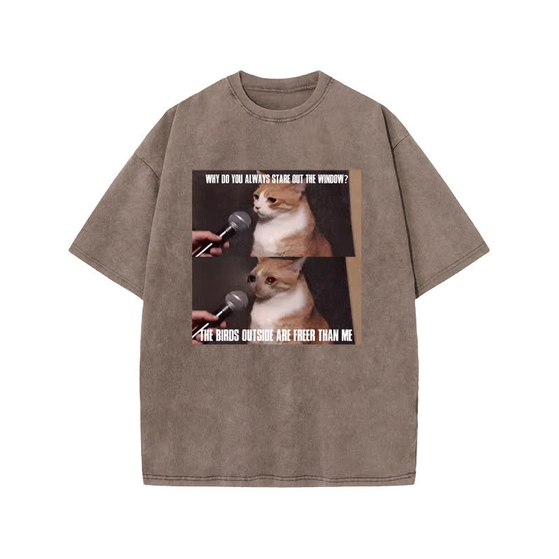 Unisex 100% Cotton A Cat With A Story Print Acid Washed T-shirt - Coffee - US20-22(3XL) - image 3
