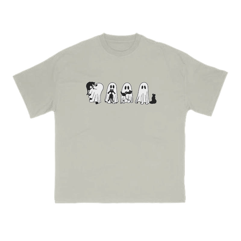 Unisex 100% Cotton Little Ghosts Playing With Cats Halloween Print T-shirt - Warm Grey - US16-18(2XL) - image 3