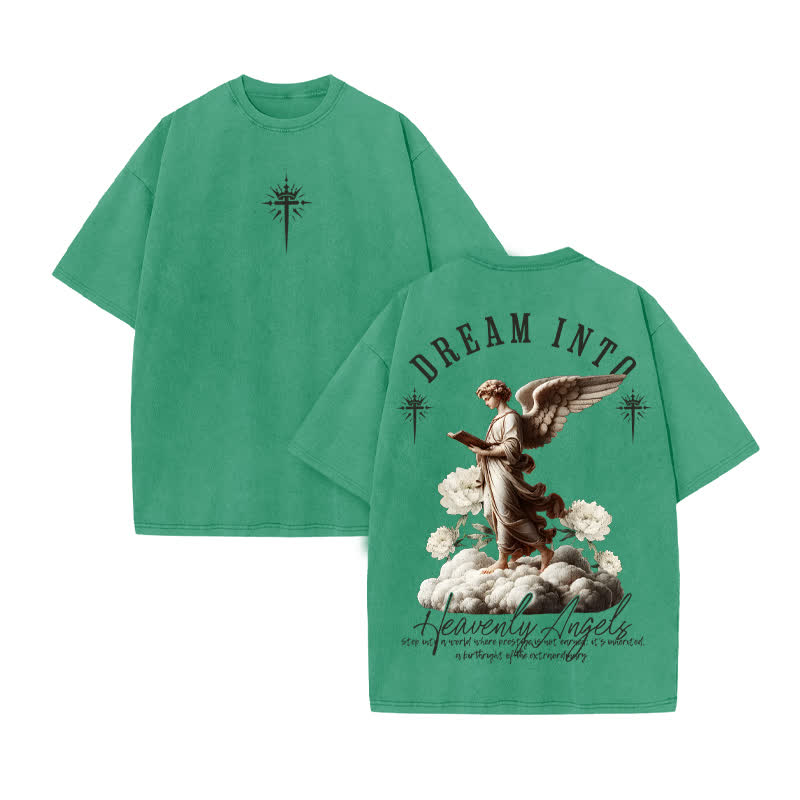 Unisex 100% Cotton Heavenly Angels Print Acid Washed T-shirt - Green - US20-22(3XL) - image 7