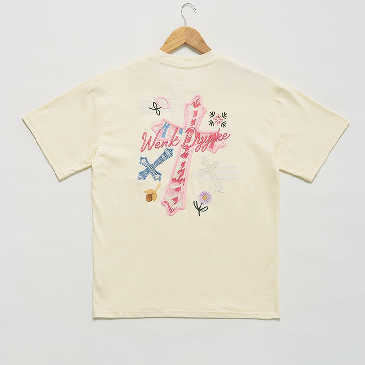 Casual Floral Script and cross Embroidered Round Neck T-Shirt - Beige - 3XL - image 7