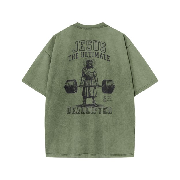 Jesus The Ultimate Deadlifter Print Acid Washed T-shirt - Army Green - US20-22(3XL) - image 5