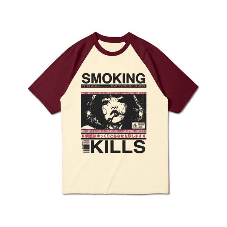 Smoking Kills Retro Manga Style Graphic Print Raglan Sleeve T-shirt - Wine - 3XL - image 10