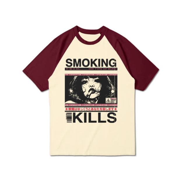Smoking Kills Retro Manga Style Graphic Print Raglan Sleeve T-shirt - Wine - 3XL - image 10