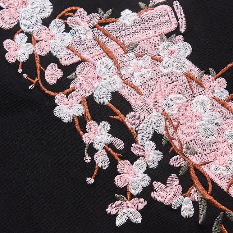 Casual Embroidered Letters Sakura Graphic Round Neck T-Shirt - image 11