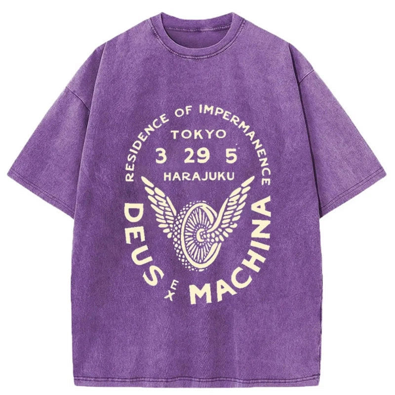 Unisex 100% Cotton Deus Ex Machina Tokyo Print Acid Washed T-shirt