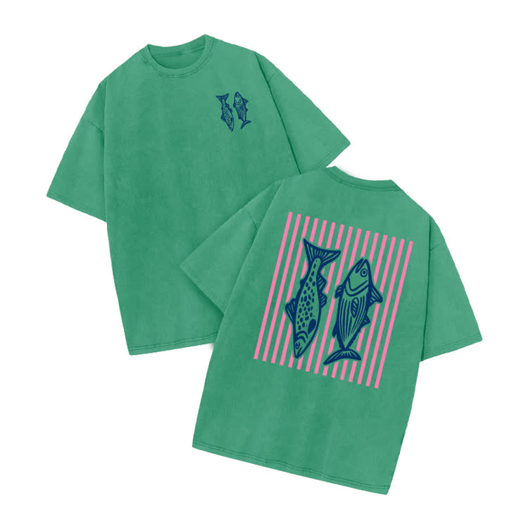 Retro Fish Art Print Acid Washed T-shirt - Green - US20-22(3XL) - image 3