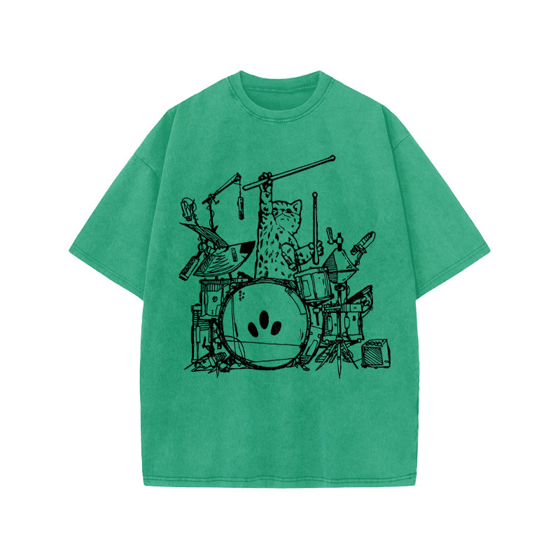 Unisex 100% Cotton Rock Cat Print Acid Washed T-shirt - Green - US20-22(3XL) - image 6