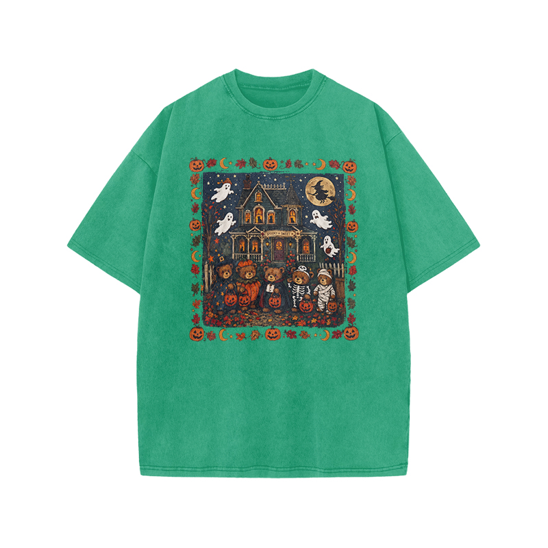 Halloween Haunted House Print Acid Washed T-Shirt - Green - US20-22(3XL) - image 5