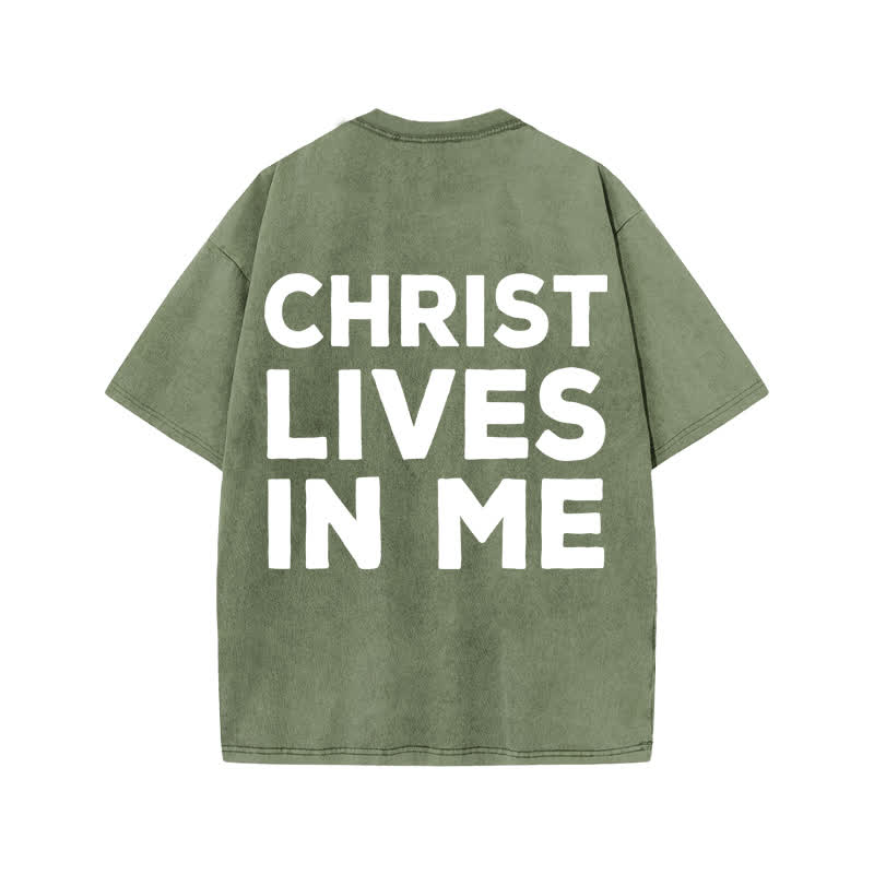 Unisex  Christ Lives In Me Print Acid Washed T-shirt - Army Green - US20-22(3XL) - image 5