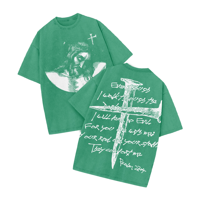 Psalm 23:4 Print Acid Washed T-shirt - Green - US20-22(3XL) - image 7