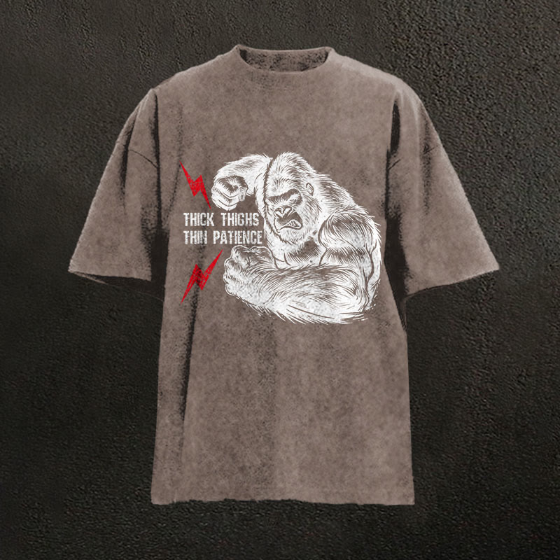 100% Cotton Thick Thighs Thin Patience Gym Print Acid Washed T-shirt - Coffee - US20-22(3XL) - image 3