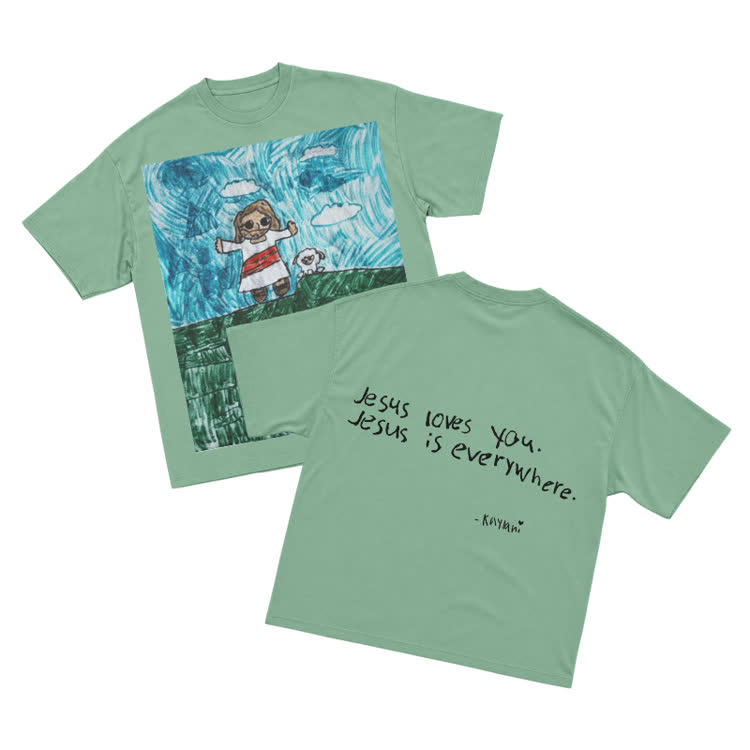 Vintage Inspired Childlike Art Graphic T-Shirt - Light Green - US16-18(2XL) - image 10