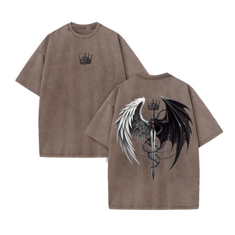 Unisex Angel And Devil Wings Design Print Acid Washed T-shirt - Coffee - US20-22(3XL) - image 4