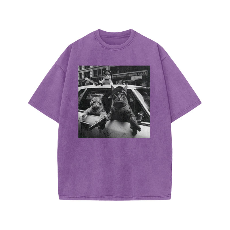 Funny Cat Gang Print Acid Washed T-shirt - Purple - US20-22(3XL) - image 6