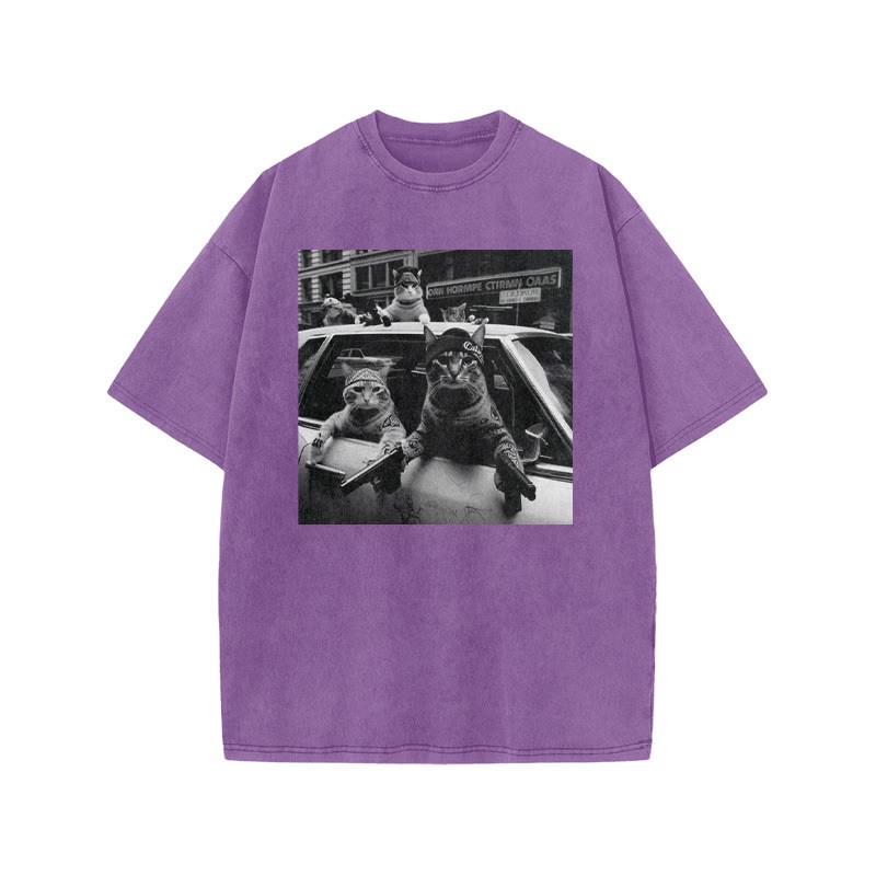 Funny Cat Gang Print Acid Washed T-shirt - Purple - US20-22(3XL) - image 6