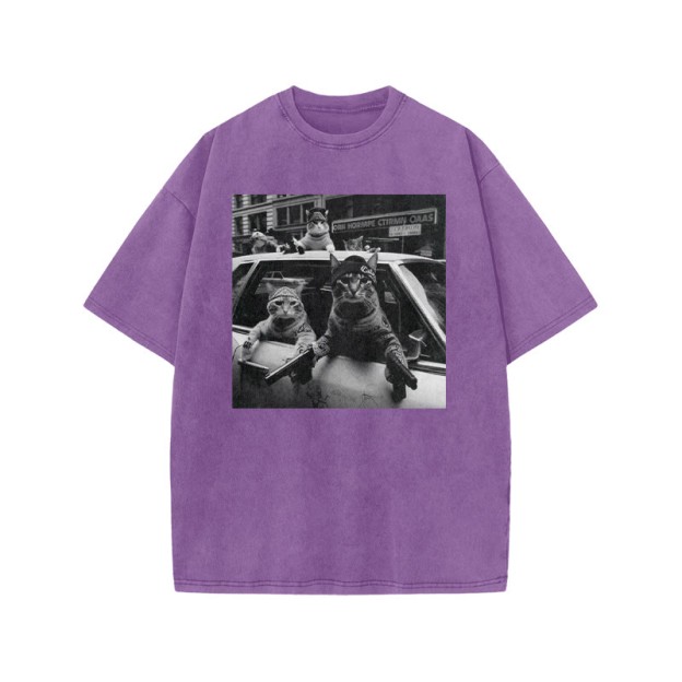Funny Cat Gang Print Acid Washed T-shirt - Purple - US20-22(3XL) - image 6