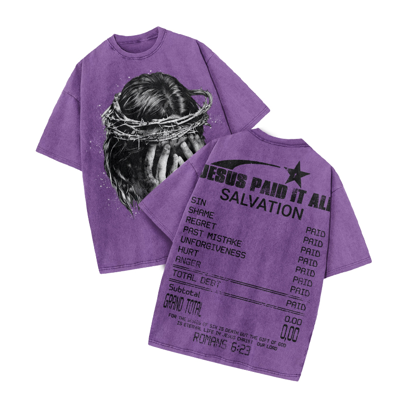 Jesus Paid It All Star Print Acid Washed T-shirt - Purple - US20-22(3XL) - image 9