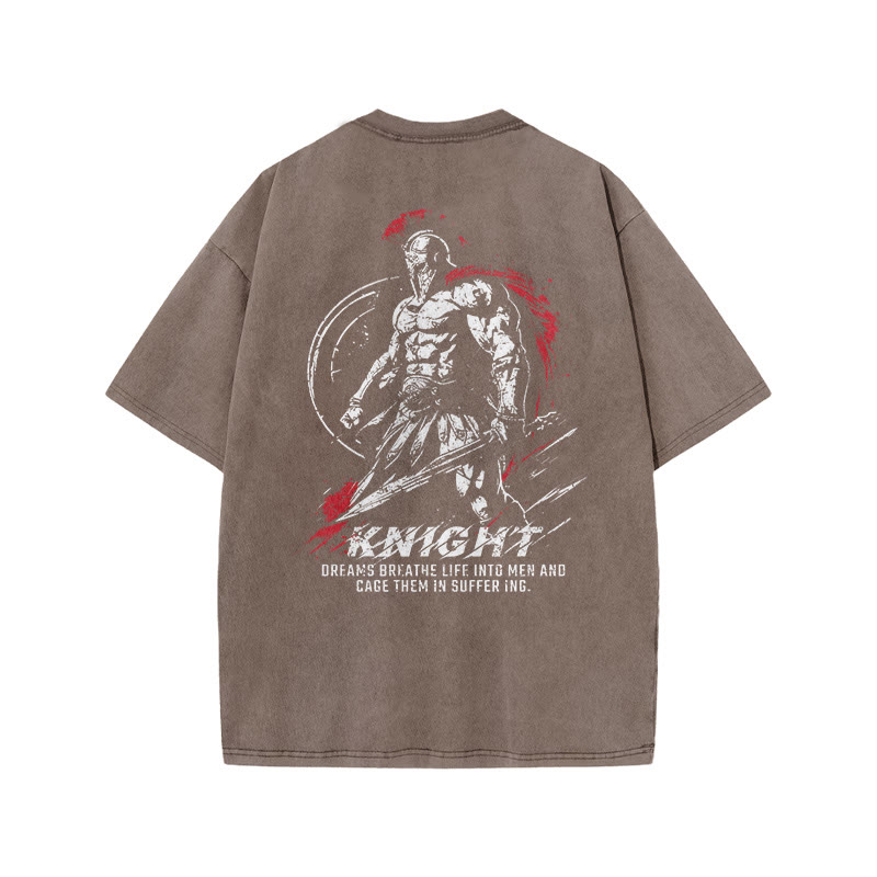 100% Cotton KNIGHT Gym Print Acid Washed T-shirt - Coffee - US20-22(3XL) - image 5