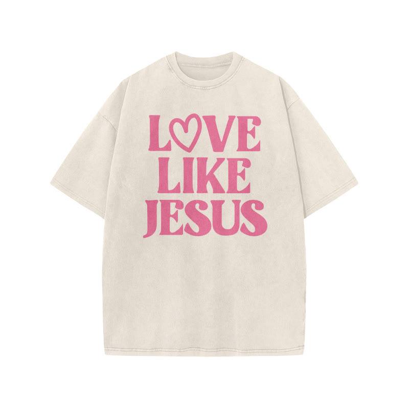 Love Like Jesus Valentine's Day Print Acid Washed T-shirt - Beige - US20-22(3XL) - image 3